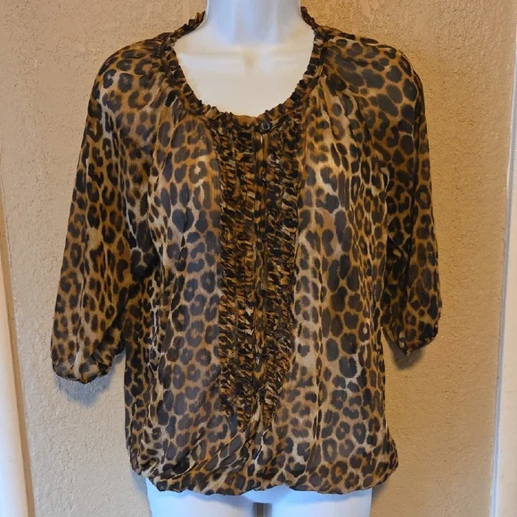 Express Leopard Print Ruffle Blouse - Picture 1 of 4
